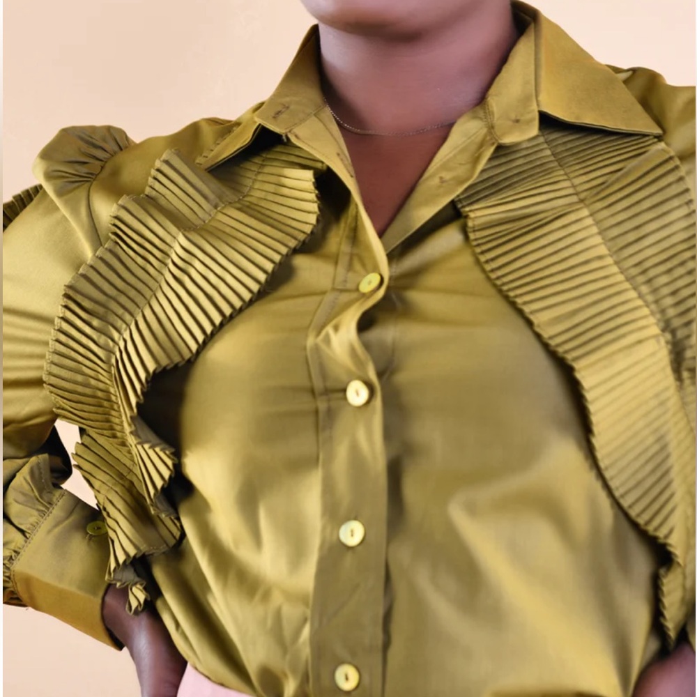 Pleated Detail Olive Green Button-Down Shirt - Picture 8 of 11